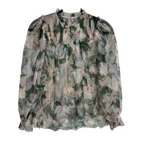 AllSaints Women's Size US 0 Floral Whimsy Fairy Sheer Long Sleeve Ruffled Blouse